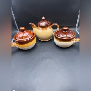 Vintage Brown and Tan Teapot And Two Bowls With Handles And Lids Stoneware Set